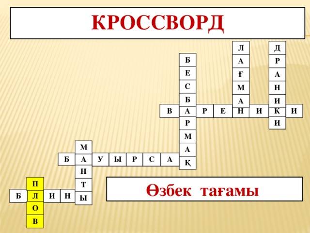 Кроссворд Л Д Р А А Ғ Н М А И Б Е С Б В А Р Е Н И К И Р И М А Қ М Б А У Ы Р С А Н Т Ы Өзбек тағамы П Б Л И Н О В