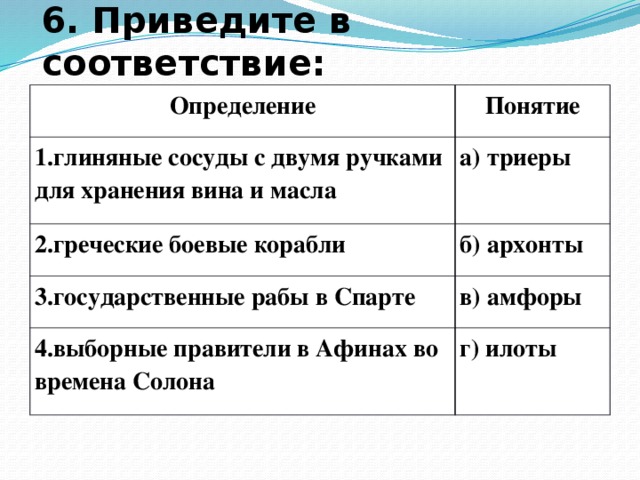 6. Приведите в соответствие:   Определение Понятие 1.глиняные сосуды с двумя ручками для хранения вина и масла а) триеры 2.греческие боевые корабли б) архонты 3.государственные рабы в Спарте в) амфоры 4.выборные правители в Афинах во времена Солона г) илоты