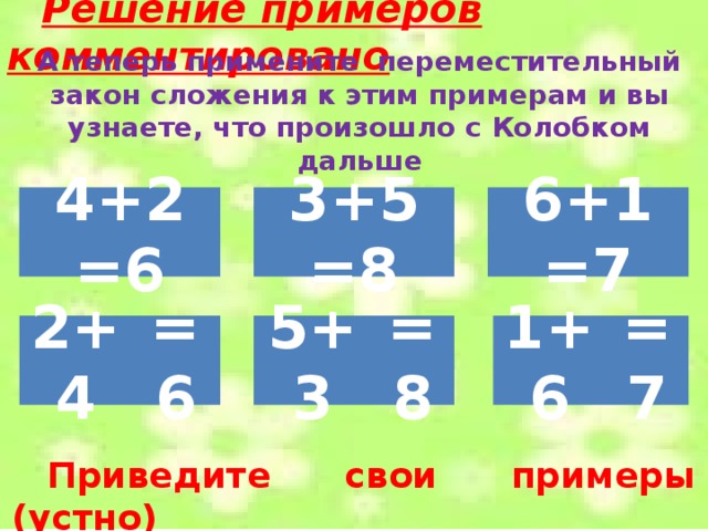 Решение примеров комментировано А теперь примените переместительный закон сложения к этим примерам и вы узнаете, что произошло с Колобком дальше 4+2 =6 3+5 =8 6+1 =7 2+4 5+3 1+6 =6 =8 =7 Приведите свои примеры (устно)