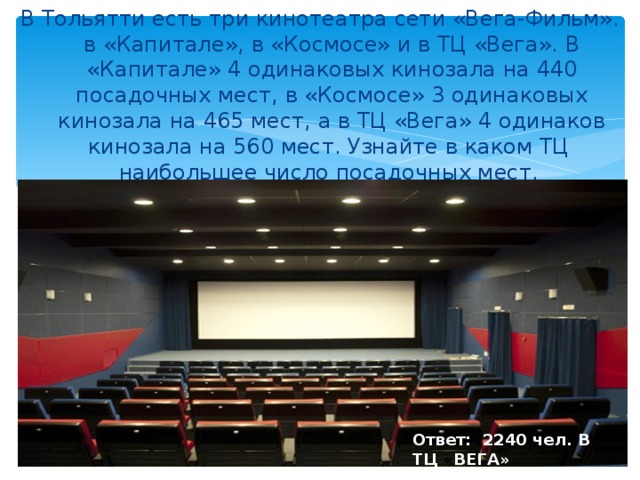 В Тольятти есть три кинотеатра сети «Вега-Фильм». в «Капитале», в «Космосе» и в ТЦ «Вега». В «Капитале» 4 одинаковых кинозала на 440 посадочных мест, в «Космосе» 3 одинаковых кинозала на 465 мест, а в ТЦ «Вега» 4 одинаков кинозала на 560 мест. Узнайте в каком ТЦ наибольшее число посадочных мест.   Ответ: 2240 чел. В ТЦ « ВЕГА»