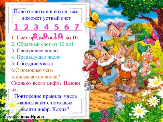 Подготовиться в поход нам поможет устный счет 1 2 3 4 5 6 7 8 9 10 1. Счет предметов от 1 до 10. 2. Обратный счет от 10 до1 3. Следующее число 4. Предыдущее число 5. Соседние числа 6.С помощью чего записываются числа? Сколько всего цифр? Назови их. Повторение правила: числа записывают с помощью десяти цифр. Каких? Юсуфзянова Ирина Васильевна