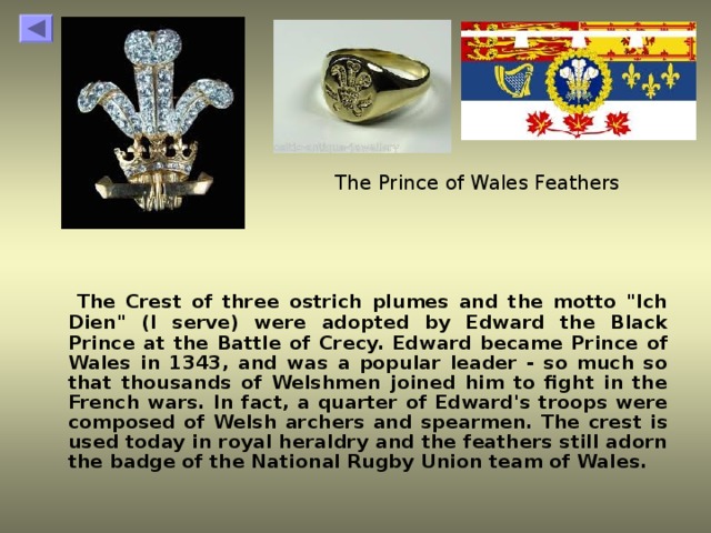 The Prince of Wales Feathers  The Crest of three ostrich plumes and the motto 