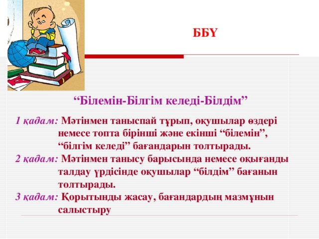 ББҮ “ Білемін-Білгім келеді-Білдім”  1 қадам: Мәтінмен таныспай тұрып, оқушылар өздері  немесе топта бірінші және екінші “білемін”, “ білгім келеді” бағандарын толтырады. 2 қадам: Мәтінмен танысу барысында немесе оқығанды  талдау үрдісінде оқушылар “білдім” бағанын  толтырады. 3 қадам: Қорытынды жасау, бағандардың мазмұнын  салыстыру