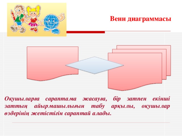 Венн диаграммасы Оқушыларға сараптама жасауға, бір затпен екінші заттың айырмашылығын табу арқылы, оқушылар өздерінің жетістігін сараптай алады.