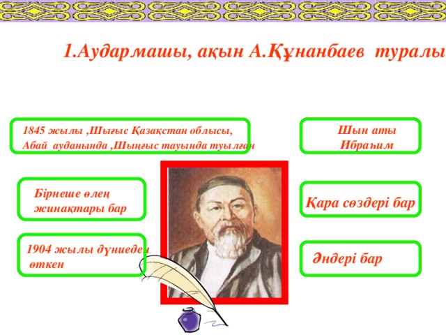 1.Аудармашы, ақын А.Құнанбаев туралы .  1845 жылы ,Шығыс Қазақстан облысы, Шын аты  Абай ауданында ,Шыңғыс тауында туылған Ибраһим Бірнеше өлең жинақтары бар Қара сөздері бар 1904 жылы дүниеден  өткен Әндері бар