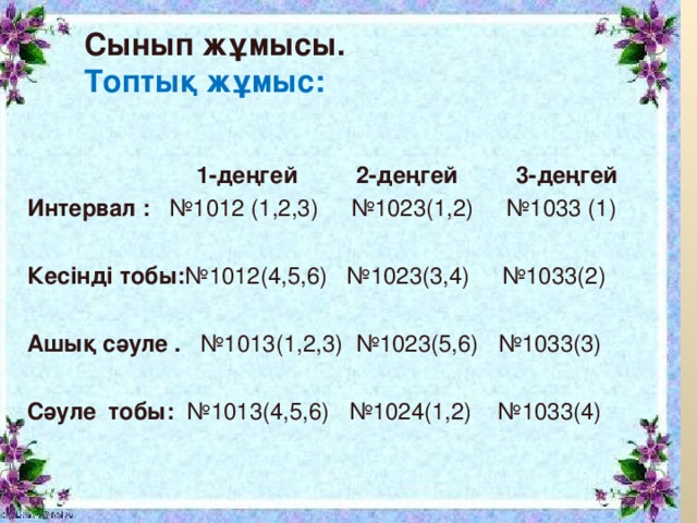 Сынып жұмысы.   Топтық жұмыс:   1-деңгей 2-деңгей 3-деңгей Интервал : №1012 (1,2,3) №1023(1,2) № 1033 (1) Кесінді тобы: №1012(4,5,6) №1023(3,4) №1033(2) Ашық сәуле . №1013(1,2,3) №1023(5,6) №1033(3) Сәуле тобы: №1013(4,5,6) №1024(1,2) №1033(4)