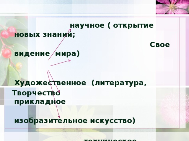 научное ( открытие новых знаний;  Свое видение мира)    Художественное (литература,  Творчество прикладное  изобразительное искусство)   техническое ( изобретение механизмов)   педагогическое ( методика занятия)