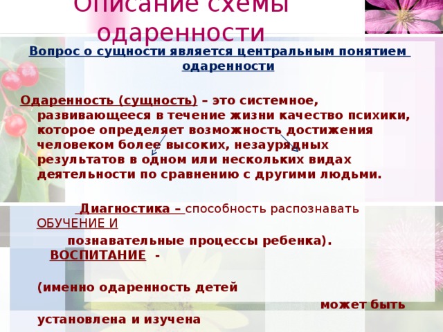 Описание схемы одаренности Вопрос о сущности является центральным понятием одаренности  Одаренность (сущность) – это системное, развивающееся в течение жизни качество психики, которое определяет возможность достижения человеком более высоких, незаурядных результатов в одном или нескольких видах деятельности по сравнению с другими людьми.     Диагностика – способность распознавать ОБУЧЕНИЕ И  познавательные процессы ребенка). ВОСПИТАНИЕ -  (именно одаренность детей  может быть установлена и изучена  только в процессе обучения и воспитания,  в ходе выполнения ребенком той или иной  содержательной деятельности.