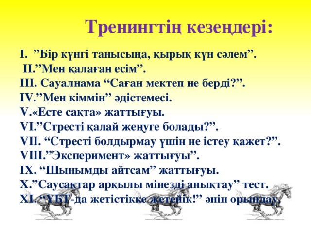 Тренингтің кезеңдері:  І. ”Бір күнгі танысыңа, қырық күн сәлем”.  ІІ.”Мен қалаған есім”. ІІІ. Сауалнама “Саған мектеп не берді?”. ІV.”Мен кіммін” әдістемесі. V.«Есте сақта» жаттығуы. VІ.”Стресті қалай жеңуге болады?”. VІІ. “Стресті болдырмау үшін не істеу қажет?”. VІІІ.”Эксперимент» жаттығуы”. ІХ. “Шынымды айтсам” жаттығуы. Х.”Саусақтар арқылы мінезді анықтау” тест. ХІ. “ҰБТ-да жетістікке жетейік!” әнін орындау.