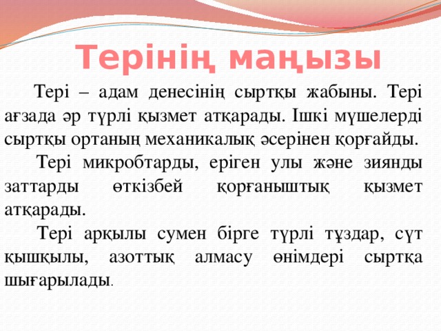 Терінің маңызы  Тері – адам денесінің сыртқы жабыны. Тері ағзада әр түрлі қызмет атқарады. Ішкі мүшелерді сыртқы ортаның механикалық әсерінен қорғайды.  Тері микробтарды, еріген улы және зиянды заттарды өткізбей қорғаныштық қызмет атқарады.  Тері арқылы сумен бірге түрлі тұздар, сүт қышқылы, азоттық алмасу өнімдері сыртқа шығарылады .