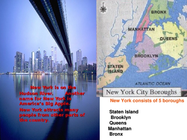New York is on the Hudson River.  Another name for New York is America’s Big Apple.   New York attracts many people from other parts of the country.    New York consists of 5 boroughs  Staten Island  Brooklyn  Queens  Manhattan  Bronx