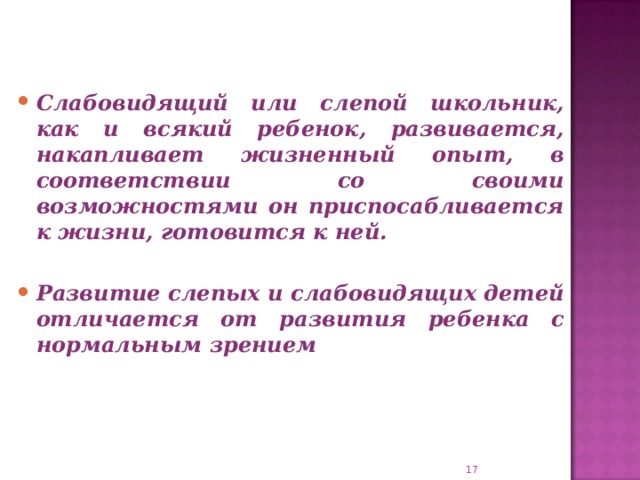 Слабовидящий или слепой школьник, как и всякий ребенок, развивается, накапливает жизненный опыт, в соответствии со своими возможностями он приспосабливается к жизни, готовится к ней.  Развитие слепых и слабовидящих детей отличается от развития ребенка с нормальным зрением