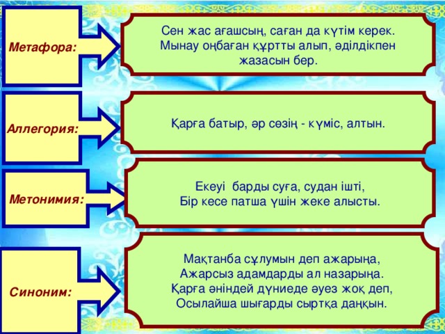 Метафора: Сен жас ағашсың, саған да күтім керек. Мынау оңбаған құртты алып, әділдікпен жазасын бер. Аллегория: Қарға батыр, әр сөзің - күміс, алтын. Екеуі барды суға, судан ішті, Бір кесе патша үшін жеке алысты. Метонимия: Мақтанба сұлумын деп ажарыңа, Ажарсыз адамдарды ал назарыңа. Қарға әніндей дүниеде әуез жоқ деп, Осылайша шығарды сыртқа даңқын. Синоним: