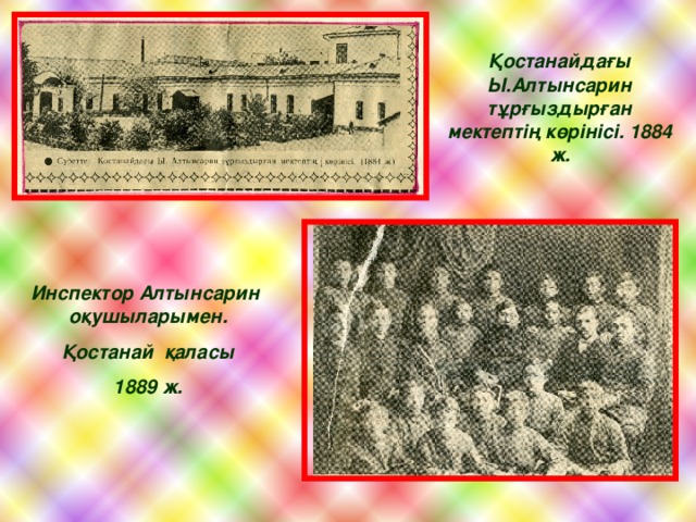 Қостанайдағы Ы.Алтынсарин тұрғыздырған мектептің көрінісі. 1884 ж. Инспектор Алтынсарин оқушыларымен. Қостанай қаласы 1889 ж.