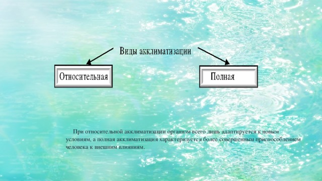 При относительной акклиматизации организм всего лишь адаптируется к новым условиям, а полная акклиматизация характеризуется более совершенным приспособлением человека к внешним влияниям.