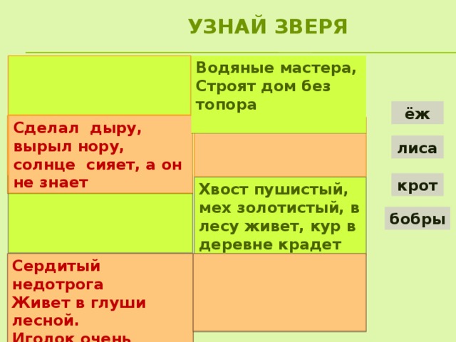 Узнай зверя Водяные мастера,   Строят дом без топора   ёж Сделал дыру, вырыл нору, Сделал дыру, вырыл нору, солнце сияет, а он не знает солнце сияет, а он не знает    лиса крот     Хвост пушистый, мех золотистый, в лесу живет, кур в деревне крадет бобры Сердитый недотрога  Живет в глуши лесной.  Иголок очень много,   А нитки не одной