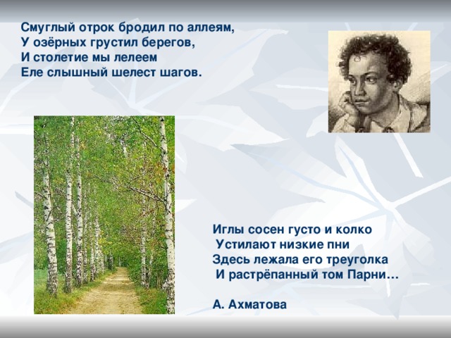 Смуглый отрок бродил по аллеям, У озёрных грустил берегов, И столетие мы лелеем Еле слышный шелест шагов.   Иглы сосен густо и колко  Устилают низкие пни Здесь лежала его треуголка  И растрёпанный том Парни…  А. Ахматова