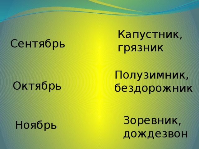 Капустник, грязник Сентябрь Полузимник, бездорожник Октябрь Зоревник, дождезвон Ноябрь