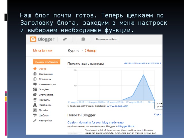 Наш блог почти готов. Теперь щелкаем по Заголовку блога, заходим в меню настроек и выбираем необходимые функции.