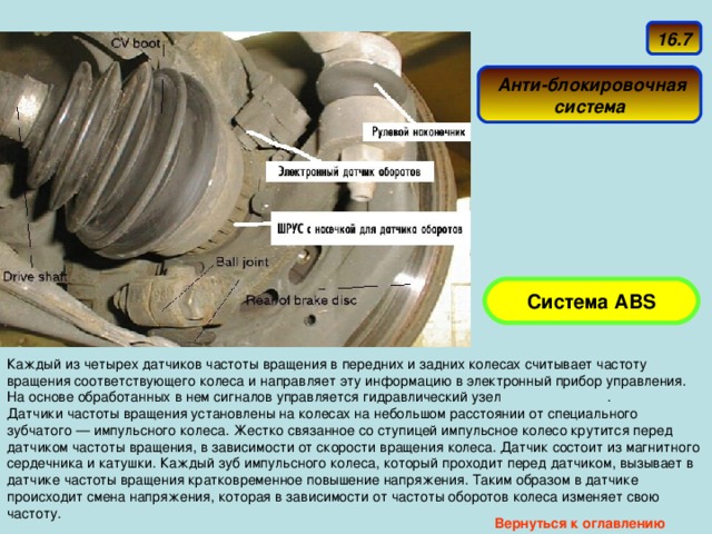 16.7  Анти-блокировочная система Система ABS Каждый из четырех датчиков частоты вращения в передних и задних колесах считывает частоту вращения соответствующего колеса и направляет эту информацию в электронный прибор управления. На основе обработанных в нем сигналов управляется гидравлический узел  .  Датчики частоты вращения установлены на колесах на небольшом расстоянии от специального зубчатого — импульсного колеса. Жестко связанное со ступицей импульсное колесо крутится перед датчиком частоты вращения, в зависимости от скорости вращения колеса. Датчик состоит из магнитного сердечника и катушки. Каждый зуб импульсного колеса, который проходит перед датчиком, вызывает в датчике частоты вращения кратковременное повышение напряжения. Таким образом в датчике происходит смена напряжения, которая в зависимости от частоты оборотов колеса изменяет свою частоту. Вернуться к оглавлению