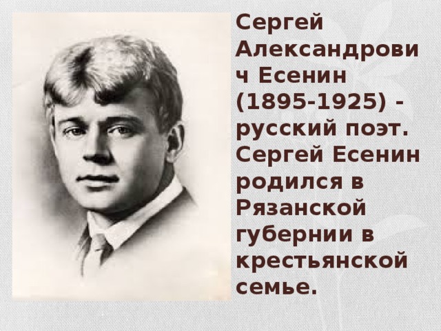 Сергей Александрович Есенин (1895-1925) - русский поэт.   Сергей Есенин родился в Рязанской губернии в крестьянской семье.