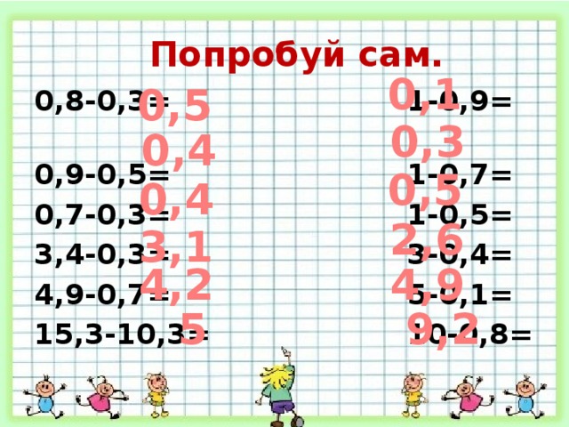 Попробуй сам. 0,1 0,5 0,8-0,3= 1-0,9= 0,9-0,5= 1-0,7= 0,7-0,3= 1-0,5= 3,4-0,3= 3-0,4= 4,9-0,7= 5-0,1= 15,3-10,3= 10-0,8= 0,3 0,4 0,5 0,4 2,6 3,1 4,2 4,9 5 9,2