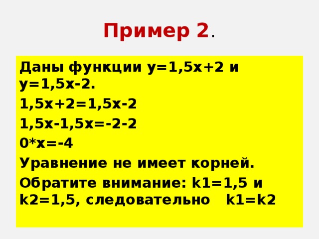 Пример 2 . Даны функции у=1,5х+2 и у=1,5х-2. 1,5х+2=1,5х-2 1,5х-1,5х=-2-2 0*х=-4 Уравнение не имеет корней. Обратите внимание: k1=1,5 и k2=1,5, следовательно k1=k2