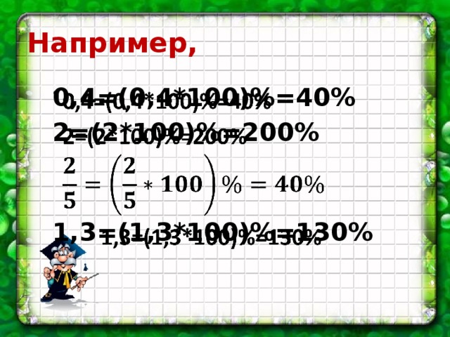 Например, 0,4=(0,4*100)%=40%   2=(2*100)%=200%   1,3=(1,3*100)%=130%