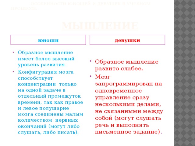 Особенности юношей и девушек в учебном процессе.       МЫШЛЕНИЕ юноши девушки Образное мышление имеет более высокий уровень развития. Конфигурация мозга способствует концентрации только на одной задаче в отдельный промежуток времени, так как правое и левое полушарие мозга соединены малым количеством нервных окончаний (могут либо слушать, либо писать). Образное мышление развито слабее. Мозг запрограммирован на одновременное управление сразу несколькими делами, не связанными между собой (могут слушать речь и выполнять письменное задание) .