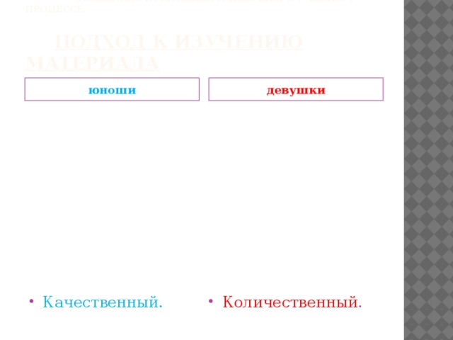 Особенности юношей и девушек в учебном процессе.       подход к изучению материала юноши девушки