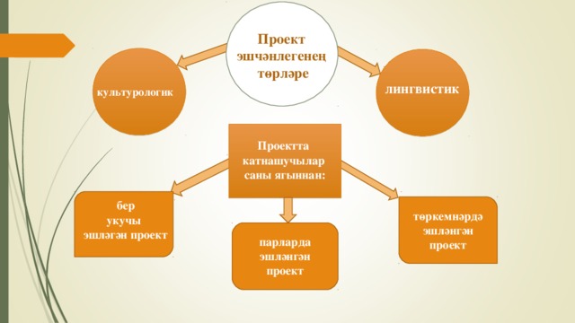 Проект эшч әнлегенең төрләре лингвистик культурологик Проектта катнашучылар саны ягыннан:  төркемнәрдә эшләнгән проект  бер укучы эшләгән проект парларда эшләнгән проект