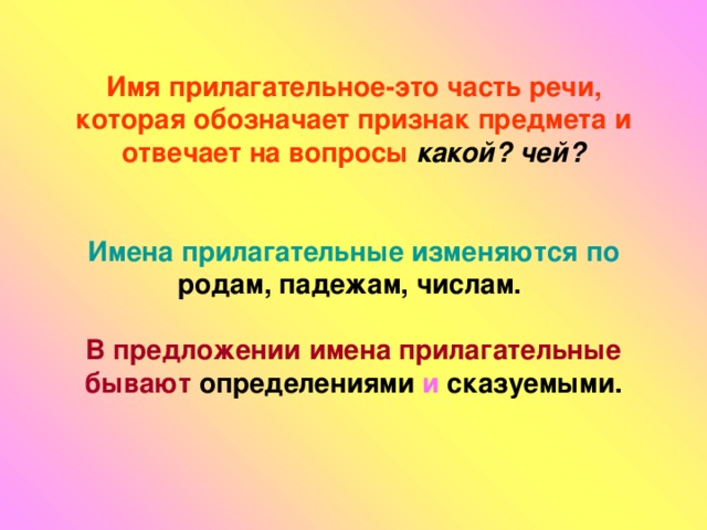 Имя прилагательное-это часть речи, которая обозначает признак предмета и отвечает на вопросы  какой? чей?    Имена прилагательные изменяются по родам, падежам, числам.   В предложении имена прилагательные бывают  определениями и сказуемыми.