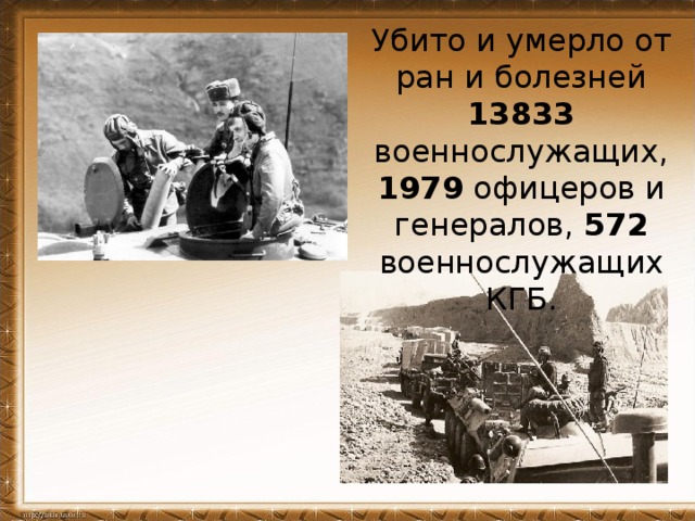 Убито и умерло от ран и болезней 13833 военнослужащих, 1979 офицеров и генералов, 572 военнослужащих КГБ.