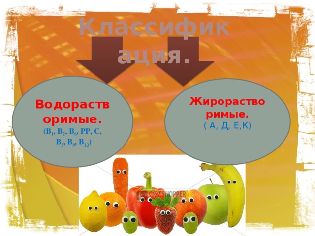 Классификация. Водорастворимые. (В 1 , В 2 , В 6 , РР, С,  В 5 , В 9 , В 12 ) Жирорастворимые. ( А, Д, Е,К)