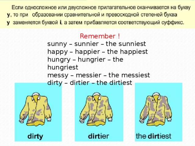 Remember ! sunny – sunnier – the sunniest happy – happier – the happiest hungry – hungrier – the hungriest messy – messier – the messiest dirty – dirtier – the dirtiest