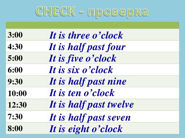 3:00 4:30 5:00 6:00 9:30 10:00 12:30 7:30 8:00 It is three o’clock It is half past four It is five o’clock It is six o’clock It is half past nine It is ten o’clock It is half past twelve It is half past seven It is eight o’clock