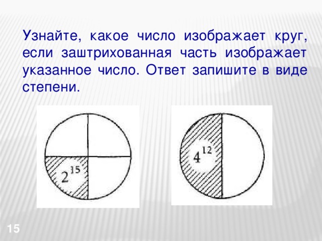 Узнайте, какое число изображает круг, если заштрихованная часть изображает указанное число. Ответ запишите в виде степени.