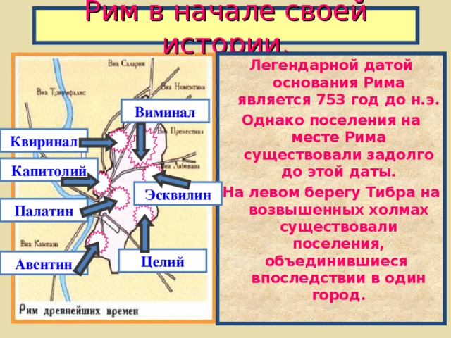 Рим в начале своей истории. Легендарной датой основания Рима является 753 год до н.э. Однако поселения на месте Рима существовали задолго до этой даты. На левом берегу Тибра на возвышенных холмах существовали поселения, объединившиеся впоследствии в один город. Виминал Квиринал Капитолий Эсквилин Палатин Целий Авентин