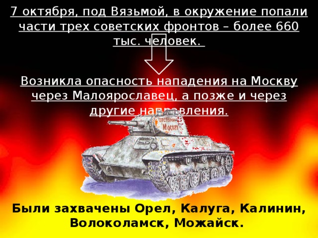 7 октября, под Вязьмой, в окружение попали части трех советских фронтов – более 660 тыс. человек. Возникла опасность нападения на Москву через Малоярославец, а позже и через другие направления. Были захвачены Орел, Калуга, Калинин, Волоколамск, Можайск.