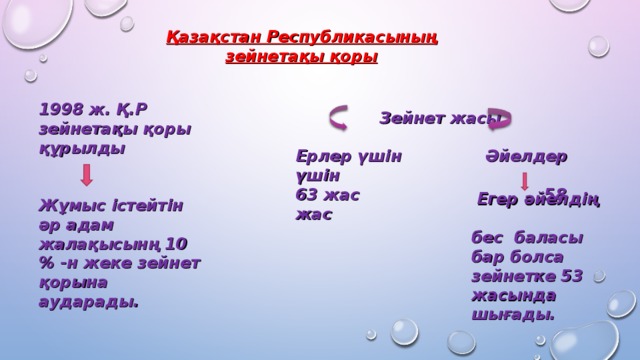 Қазақстан Республикасының зейнетақы қоры  1998 ж. Қ.Р зейнетақы қоры құрылды   Жұмыс істейтін әр адам жалақысынң 10 % -н жеке зейнет қорына аударады.  Зейнет жасы  Ерлер үшін Әйелдер үшін 63 жас 58 жас    Егер әйелдің бес баласы бар болса зейнетке 53 жасында шығады.