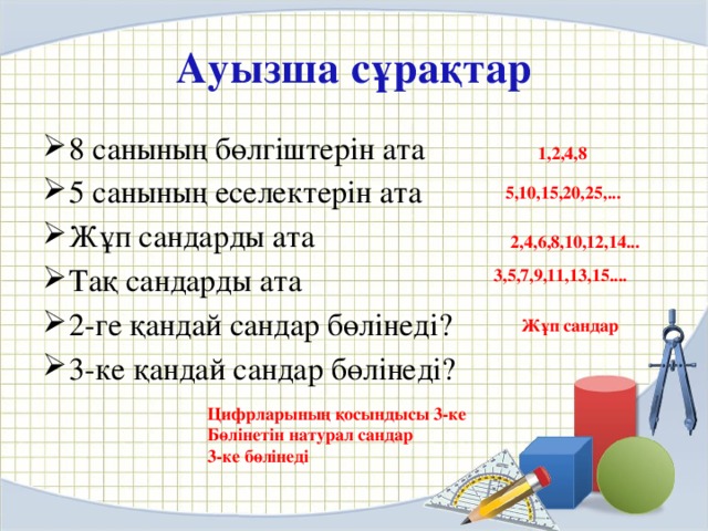 Ауызша сұрақтар 8 санының бөлгіштерін ата 5 санының еселектерін ата Жұп сандарды ата Тақ сандарды ата 2-ге қандай сандар бөлінеді? 3-ке қандай сандар бөлінеді? 1,2,4,8 5,10,15,20,25,... 2,4,6,8,10,12,14... 3,5,7,9,11,13,15.... Жұп сандар Цифрларының қосындысы 3-ке Бөлінетін натурал сандар 3-ке бөлінеді