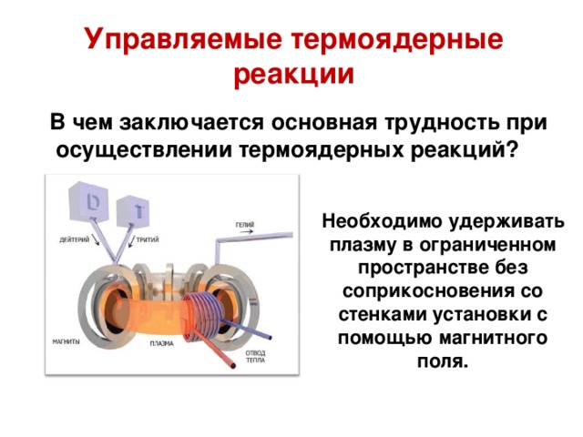 Управляемые термоядерные реакции В чем заключается основная трудность при  осуществлении термоядерных реакций? Необходимо удерживать плазму в ограниченном пространстве без соприкосновения со стенками установки с помощью магнитного поля.