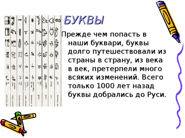 БУКВЫ Прежде чем попасть в наши буквари, буквы долго путешествовали из страны в страну, из века в век, претерпели много всяких изменений. Всего только 1000 лет назад буквы добрались до Руси.