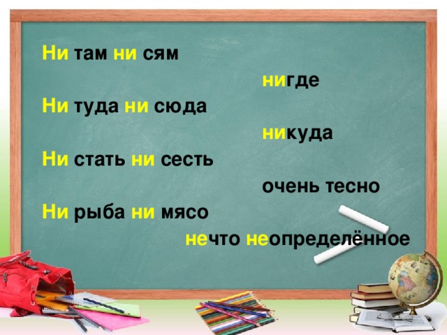 Ни там ни сям  ни где Ни туда ни  сюда  ни куда Ни  стать ни  сесть  очень тесно Ни  рыба ни мясо  не что не определённое