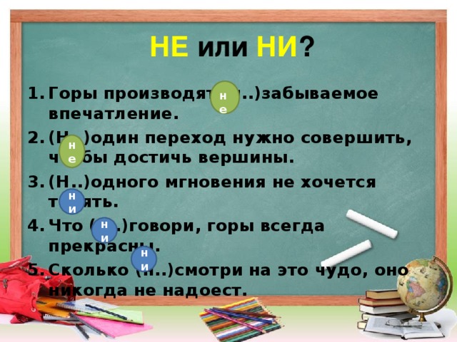 НЕ или НИ ? Горы производят (н..)забываемое впечатление. (Н..)один переход нужно совершить, чтобы достичь вершины. (Н..)одного мгновения не хочется терять. Что (н..)говори, горы всегда прекрасны. Сколько (н..)смотри на это чудо, оно никогда не надоест. не не ни ни ни