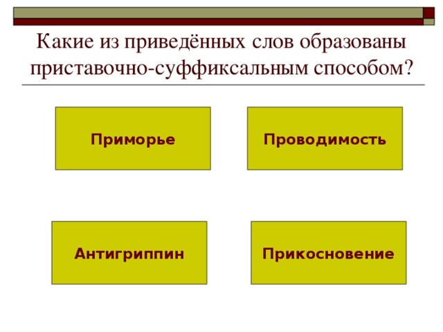 Какие из приведённых слов образованы приставочно-суффиксальным способом? Приморье Проводимость Антигриппин Прикосновение