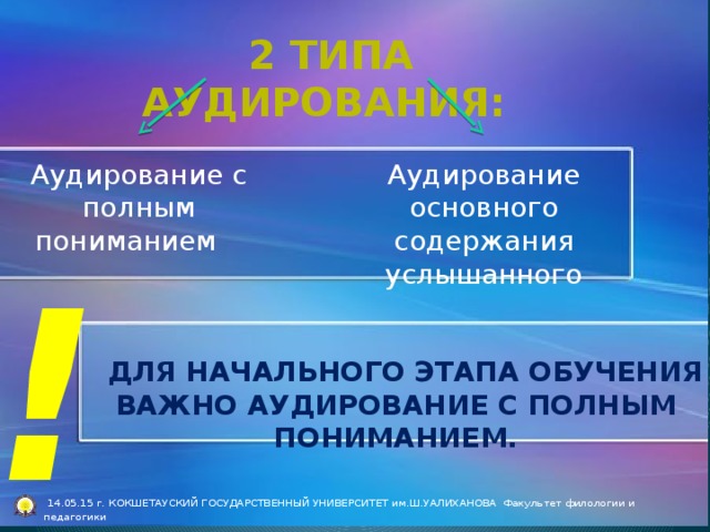 2 типа аудирования: Аудирование с полным пониманием Аудирование основного содержания услышанного !  Для начального этапа обучения важно аудирование с полным пониманием.  14.05.15 г. КОКШЕТАУСКИЙ ГОСУДАРСТВЕННЫЙ УНИВЕРСИТЕТ им.Ш.УАЛИХАНОВА Факультет филологии и педагогики