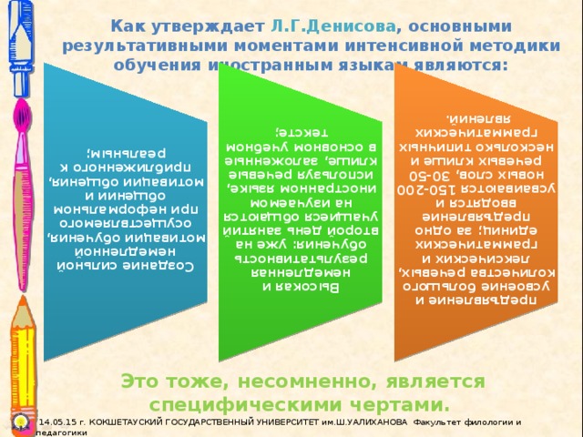 Создание сильной немедленной мотивации обучения, осуществляемого при неформальном общении и мотивации общения, приближенного к реальным; Высокая и немедленная результативность обучения: уже на второй день занятий учащиеся общаются на изучаемом иностранном языке, используя речевые клише, заложенные в основном учебном тексте; предъявление и усвоение большого количества речевых, лексических и грамматических единиц; за одно предъявление вводятся и усваиваются 150-200 новых слов, 30-50 речевых клише и несколько типичных грамматических явлений.  Как утверждает Л.Г.Денисова , основными результативными моментами интенсивной методики обучения иностранным языкам являются: Это тоже, несомненно, является специфическими чертами.   14.05.15 г. КОКШЕТАУСКИЙ ГОСУДАРСТВЕННЫЙ УНИВЕРСИТЕТ им.Ш.УАЛИХАНОВА Факультет филологии и педагогики