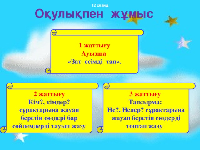 12 слайд Оқулықпен жұмыс 1 жаттығу Ауызша «Зат есімді тап». 2 жаттығу 3 жаттығу Кім?, кімдер? сұрақтарына жауап беретін сөздері бар сөйлемдерді тауып жазу Тапсырма: Не?, Нелер? сұрақтарына жауап беретін сөздерді топтап жазу