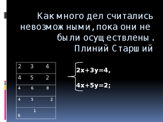 Как много дел считались невозможными, пока они не были осуществлены.  Плиний Старший 2 3 4 4 5 2 4 6 8 4 5 2  1 6 2x+3y=4,  4х+5y=2;